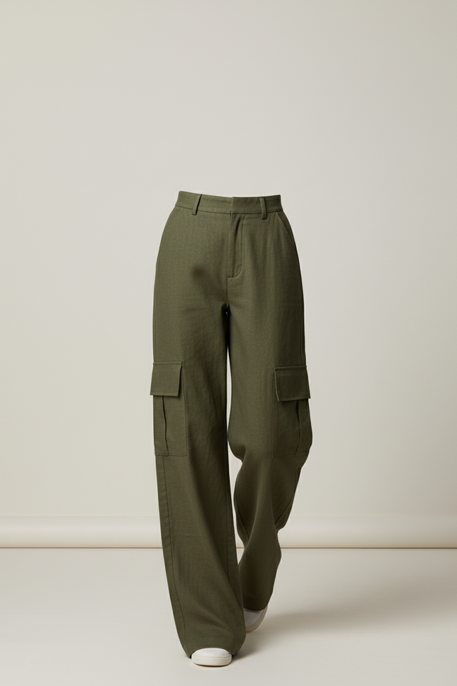 Pantalon Baggy Vert Kaki Cargo Ample Femme Poches - Lin - vue 3