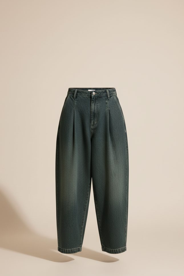 Pantalon Baggy Vert Ample Plissé Taille Haute - Jean - vue 3