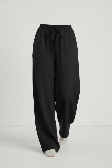 Pantalon Baggy Noir Lin Fluide Ample Décontracté Femme - vue 3