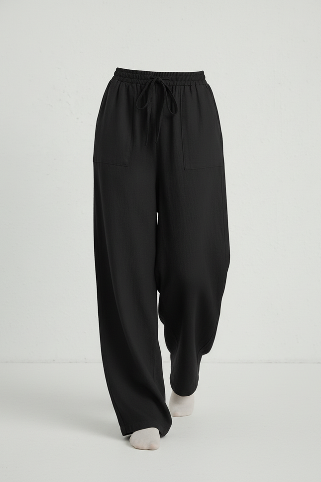 Pantalon Baggy Noir Lin Fluide Ample Décontracté Femme - vue 3