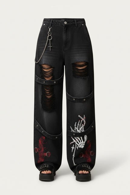Pantalon Baggy Noir Détruit Imprimé Squelette Chaîne - Jean - vue 3