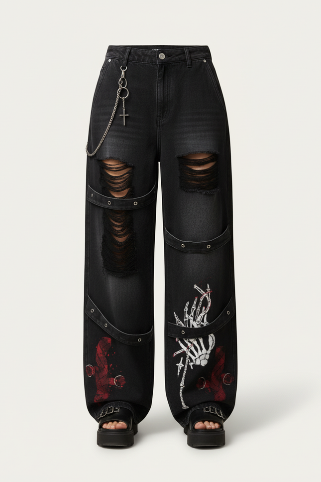 Pantalon Baggy Noir Détruit Imprimé Squelette Chaîne - Jean - vue 3