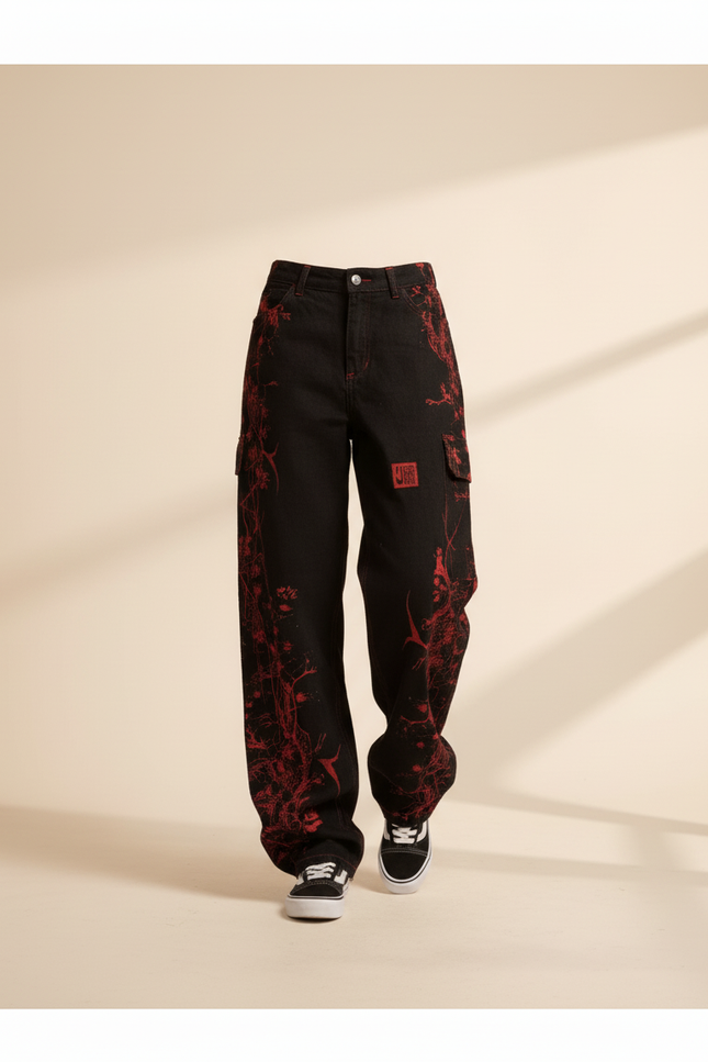 Pantalon Baggy Noir Ample Motif Dragon Rouge - Jean - vue 3