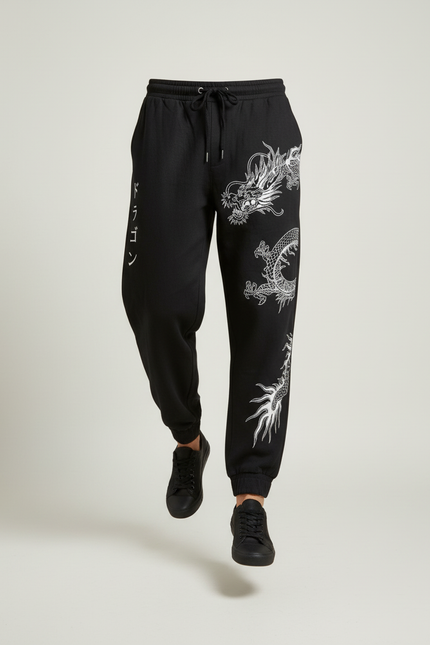 Pantalon Baggy Noir Dragon Japonais Ample Cordon Homme - Molleton - vue 3