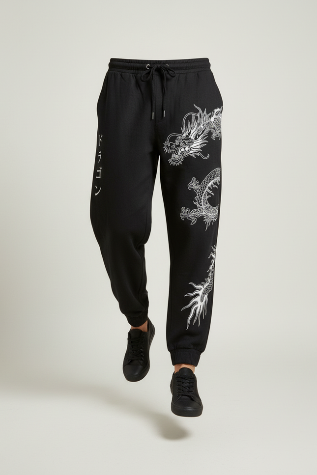 Pantalon Baggy Noir Dragon Japonais Ample Cordon Homme - Molleton - vue 3