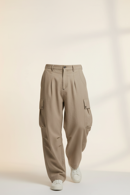 Pantalon Baggy Cargo Ample Plissé Beige Homme - Lin - vue 3