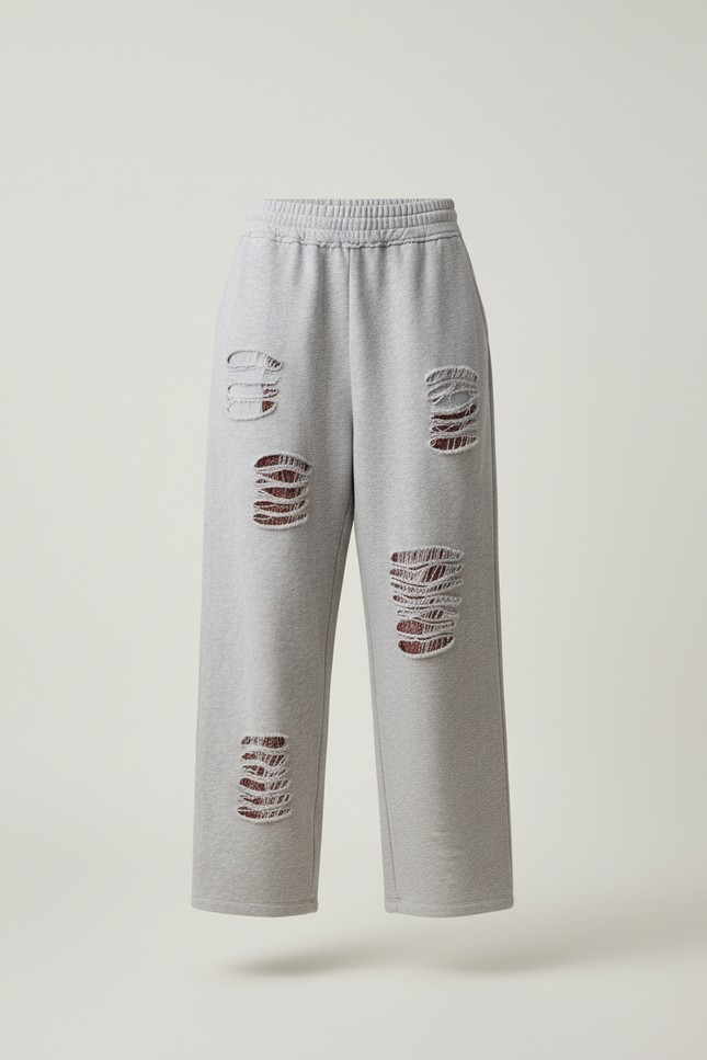 Pantalon Baggy Gris Déchiré Casual Ample Confortable - Molleton - vue 3