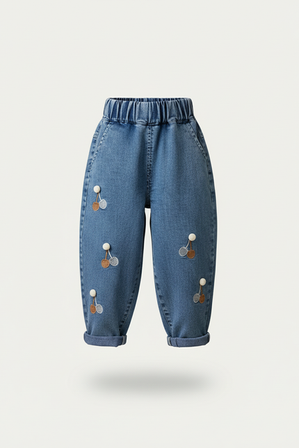 Pantalon Baggy Jean Denim Ample Brodé Cerises Fille - Bleu - vue 3