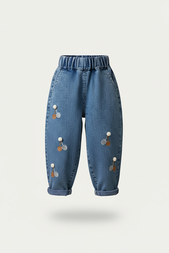 Pantalon Baggy Jean Denim Ample Brodé Cerises Fille - Bleu - vue 3