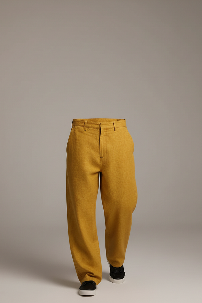 Pantalon Baggy Jaune Moutarde Ample Lin Homme Décontracté - vue 3
