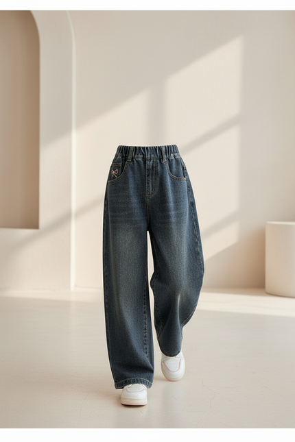Pantalon Baggy Jean Bleu Ample Fille Brodé - Marine - vue 3