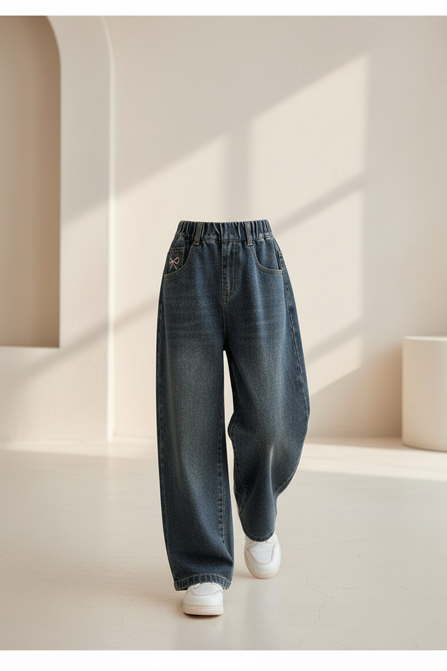 Pantalon Baggy Jean Bleu Ample Fille Brodé - Marine - vue 3