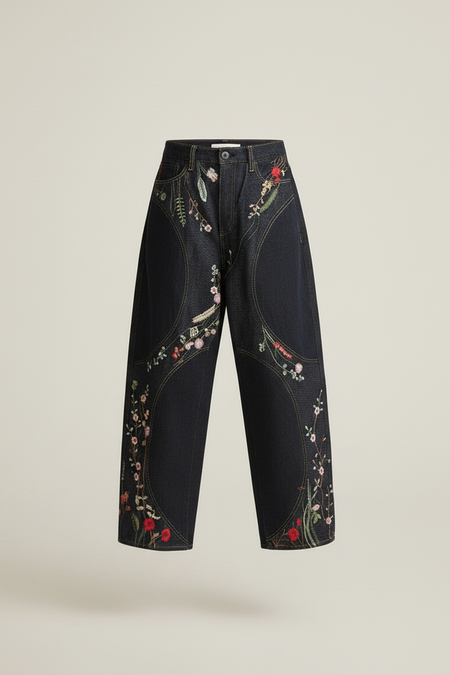 Pantalon Baggy Noir Broderies Florales Ample Unisexe - Jean - vue 3