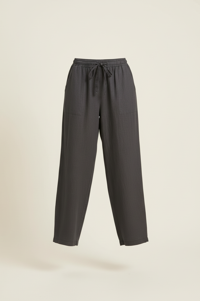 Pantalon Baggy Gris Coton Ample Cordon Femme - Lin - vue 3