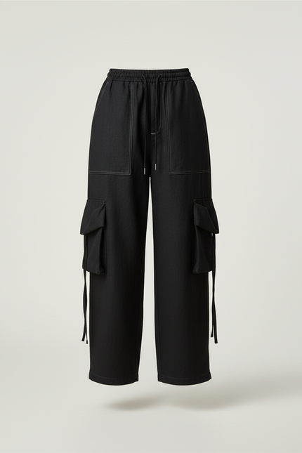 Pantalon Baggy Noir Ample Cargo Cordon Femme - Jean - vue 3