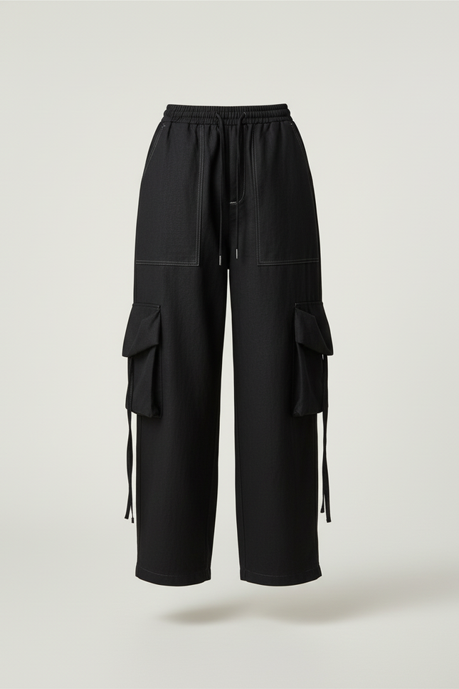 Pantalon Baggy Noir Ample Cargo Cordon Femme - Jean - vue 3