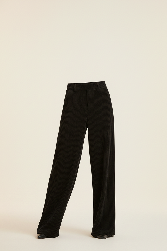 Pantalon Baggy Noir Côtelé Taille Haute Ample - Cordé - vue 3
