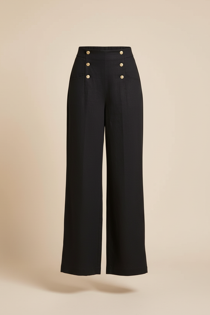 Pantalon Baggy Noir Ample Boutons Dorés Fluide - Lin - vue 3