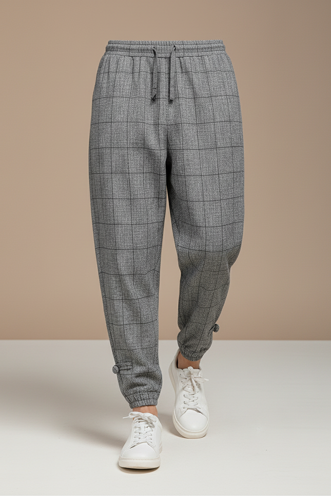Pantalon Baggy Gris Carreaux Ample Décontracté Homme - Tweed - vue 3