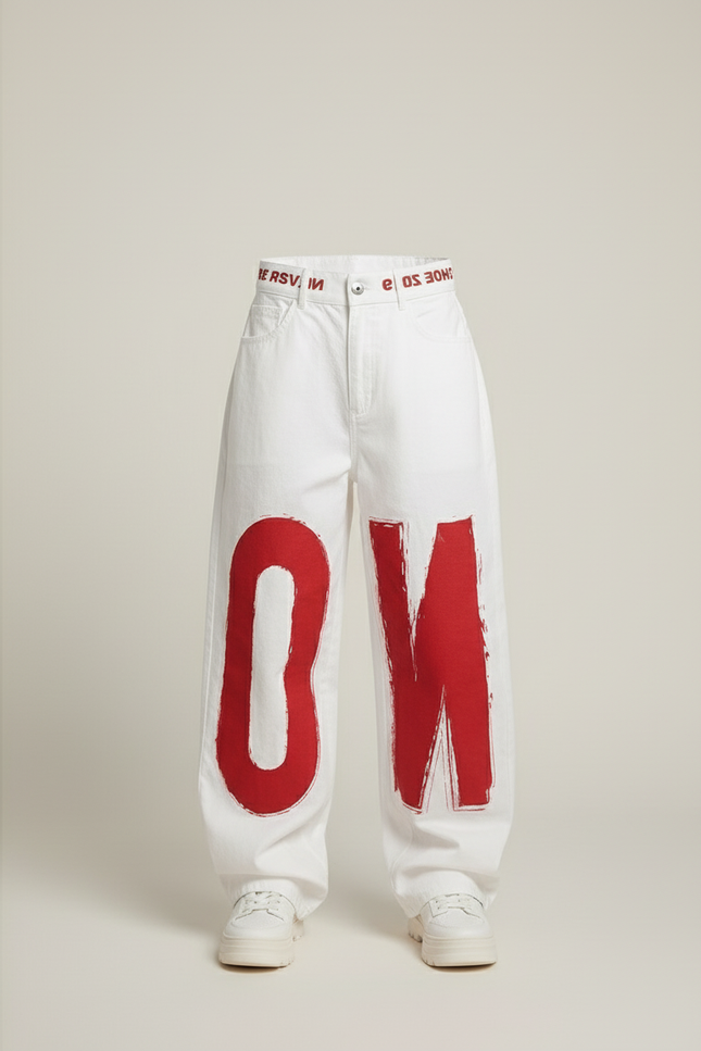 Pantalon Baggy Blanc Jean Imprimé Rouge Fille - vue 3