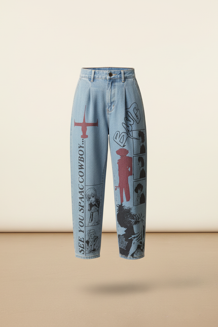Pantalon Baggy Denim Imprimé Anime Manga Unisexe - Bleu Jean - vue 3