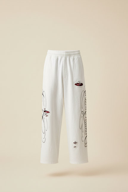 Pantalon Baggy Blanc Cassé Délavé Imprimé Ample - Molleton - vue 3