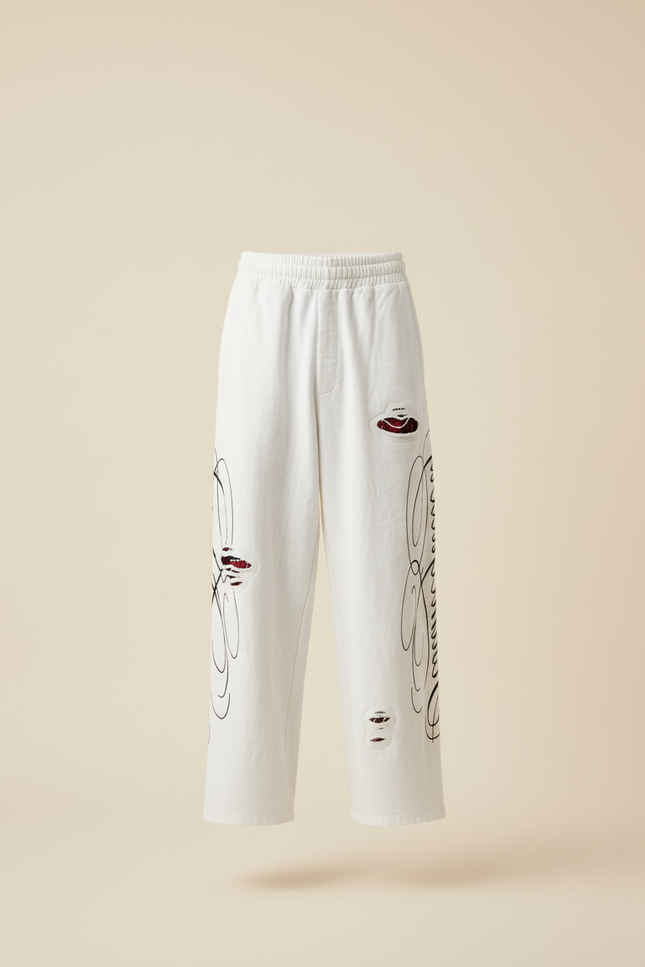 Pantalon Baggy Blanc Cassé Délavé Imprimé Ample - Molleton - vue 3