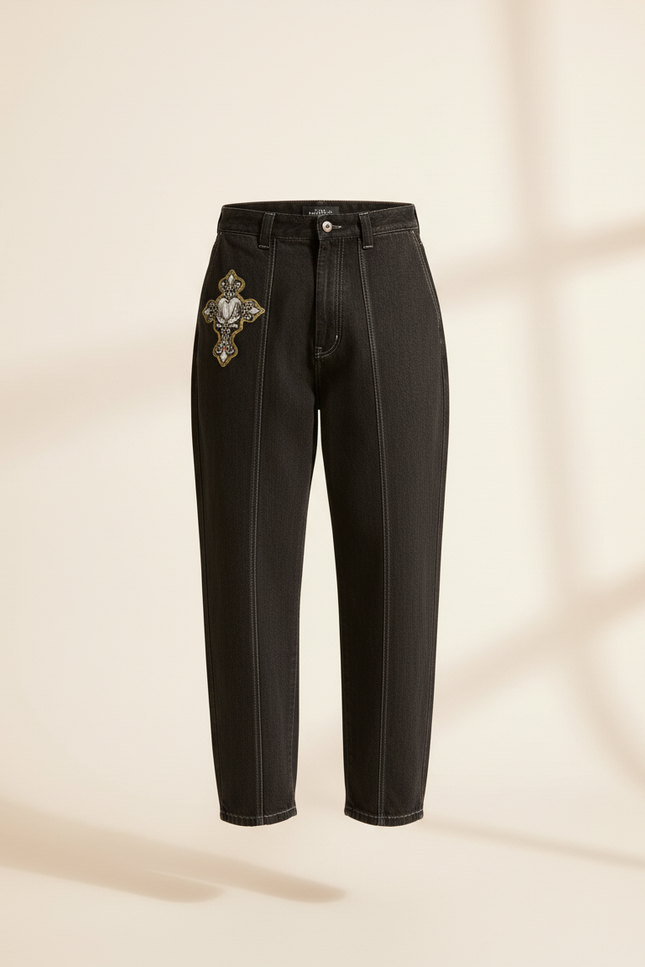 Pantalon Baggy Noir Denim Brodé Croix Ample Homme - Jean - vue 3