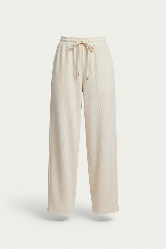 Pantalon Baggy Crème Côtelé Ample Décontracté Cordon - Beige Cordé - vue 3