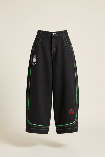 Pantalon Baggy Noir Brodé Large Vert Femme - Jean - vue 3