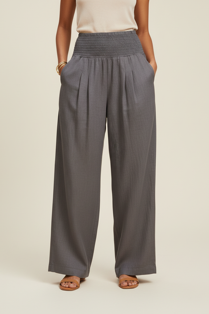 Pantalon Baggy Gris Ample Smocké Fluide Femme - Lin - vue 3