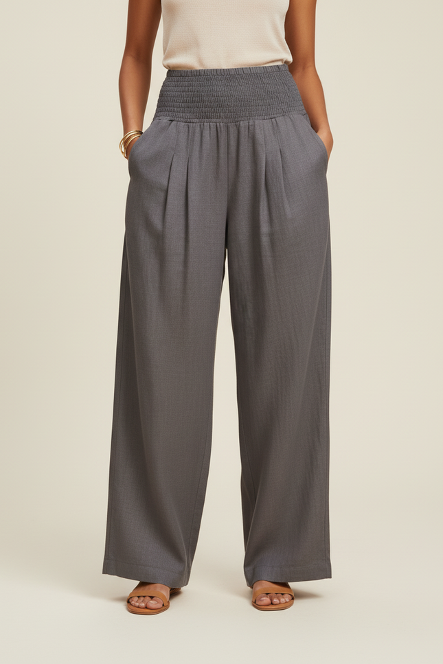 Pantalon Baggy Gris Ample Smocké Fluide Femme - Lin - vue 3