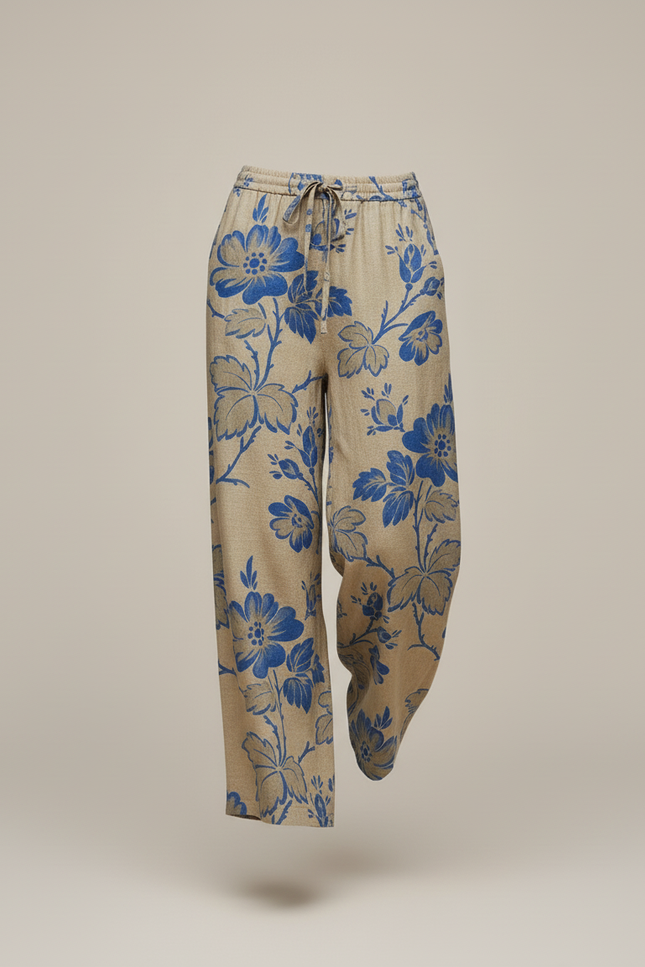 Pantalon Baggy Beige Fleuri Ample Lin Décontracté - vue 3