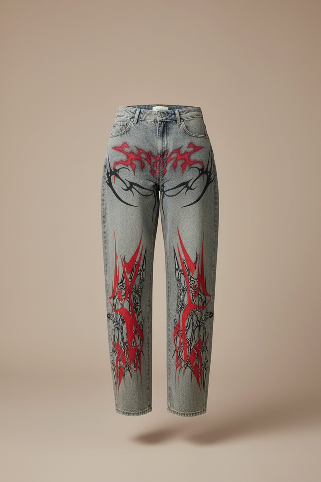 Pantalon Baggy Jean Gris Flammes Rouges Tribales Ample - vue 3