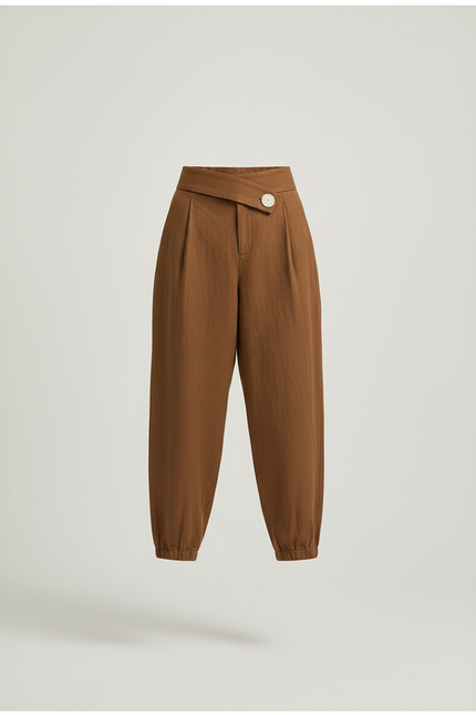 Pantalon Baggy Marron Taille Haute Asymétrique Femme - Lin - vue 3