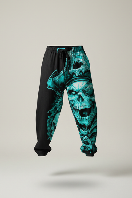 Pantalon Baggy Noir Crâne Pirate Turquoise Ample Homme - Coton - vue 3