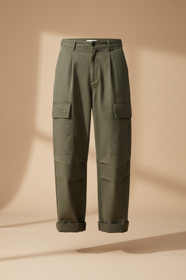 Pantalon Baggy Cargo Vert Ample Coton Décontracté Homme - Kaki Toile - vue 3