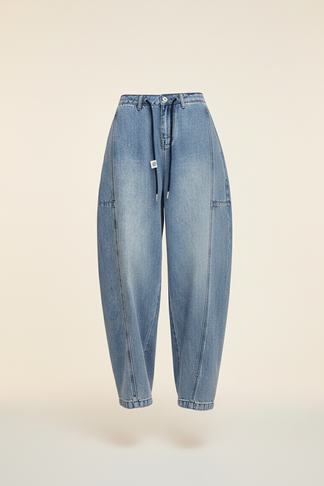 Pantalon Baggy Jean Bleu Délavé Ample Décontracté Cordon - vue 3
