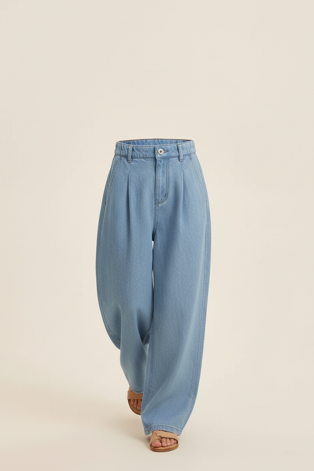 Pantalon Baggy Jean Bleu Clair Ample Plissé Confortable - vue 3