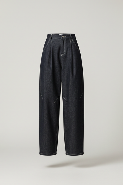 Pantalon Baggy Denim Large Plissé Taille Haute Femme - Marine Jean - vue 3