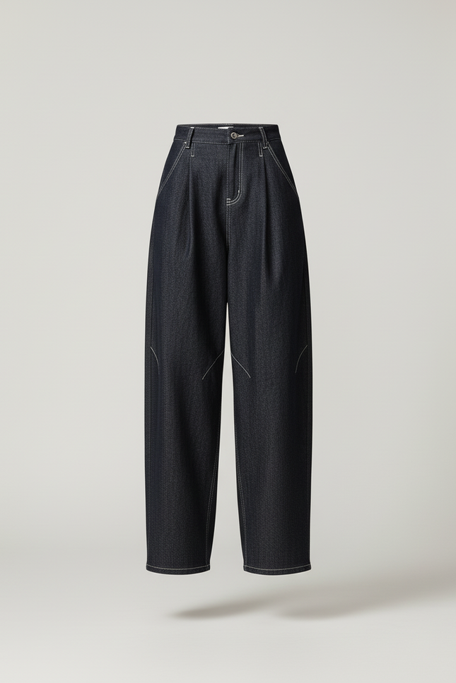 Pantalon Baggy Denim Large Plissé Taille Haute Femme - Marine Jean - vue 3