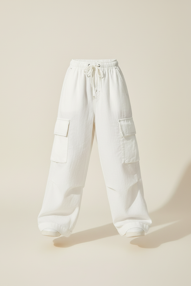 Pantalon Baggy Blanc Cargo Ample Décontracté Fille - Toile - vue 3
