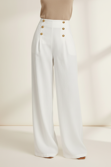 Pantalon Baggy Blanc Ample Boutons Dorés Fluide - Lin - vue 3