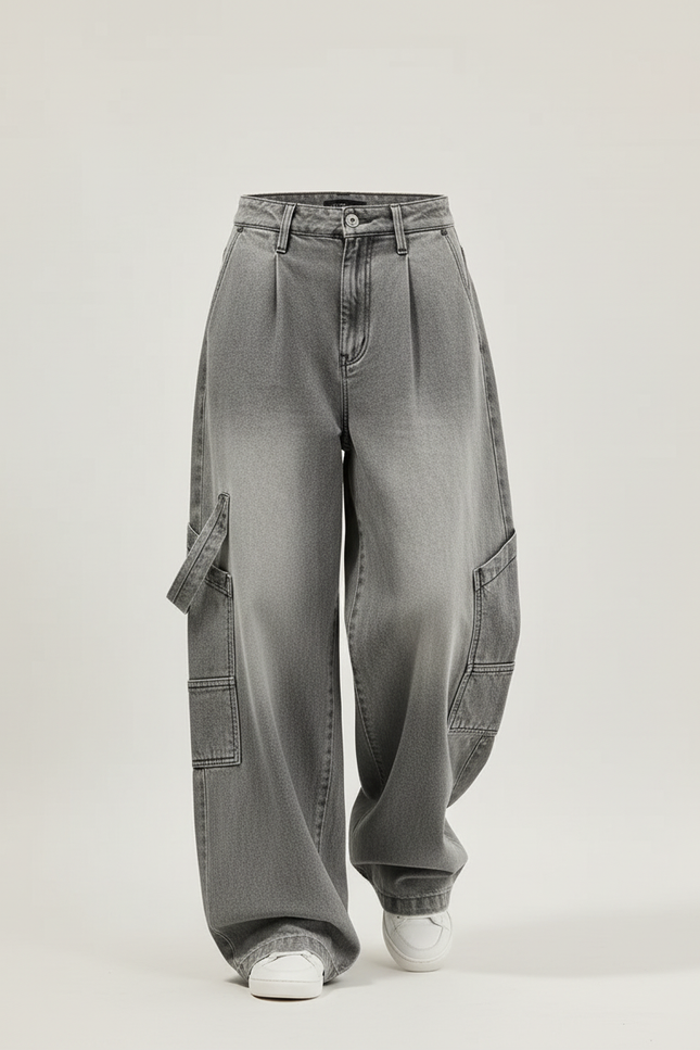 Pantalon Baggy Gris Délavé Ample Cargo Plissé Femme - Jean - vue 3