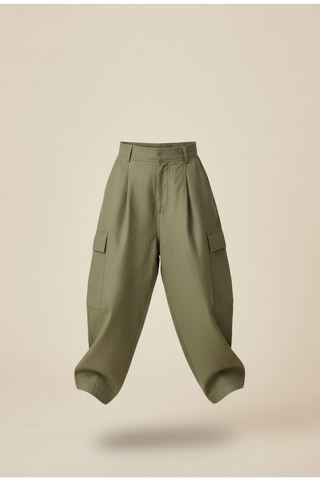 Pantalon Baggy Vert Olive Ample Cargo Plissé Enfant - Kaki Gabardine - vue 3