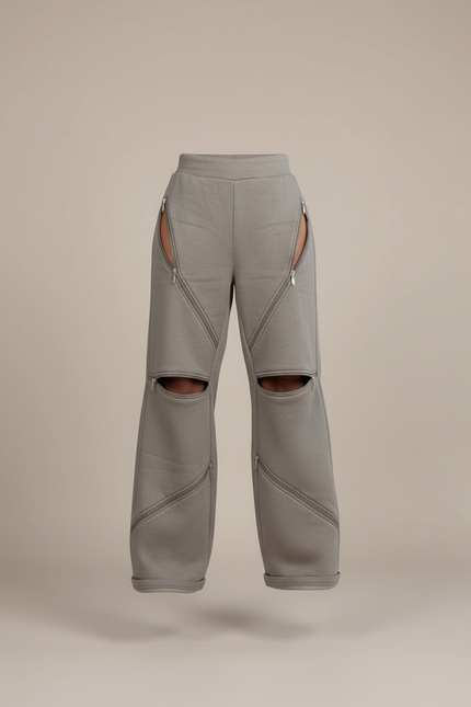 Pantalon Baggy Gris Zippé Ouvert Décontracté Ample - Molleton - vue 3