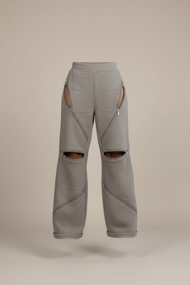 Pantalon Baggy Gris Zippé Ouvert Décontracté Ample - Molleton - vue 3