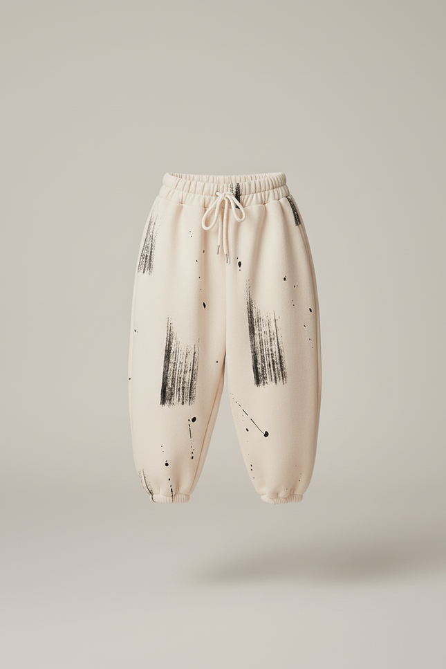 Pantalon Baggy Crème Coton Imprimé Noir Ample Enfant - Beige Molleton - vue 3