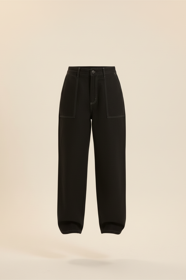 Pantalon Baggy Noir Ample Surpiqûres Blanches Femme - Jean - vue 3