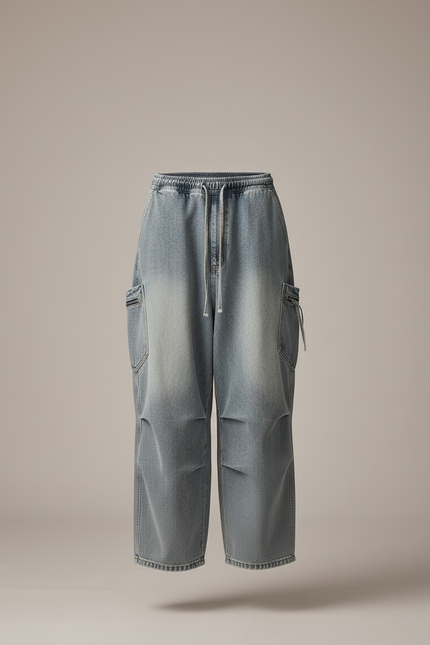 Pantalon Baggy Jean Délavé Ample Cargo Unisexe - Bleu - vue 3